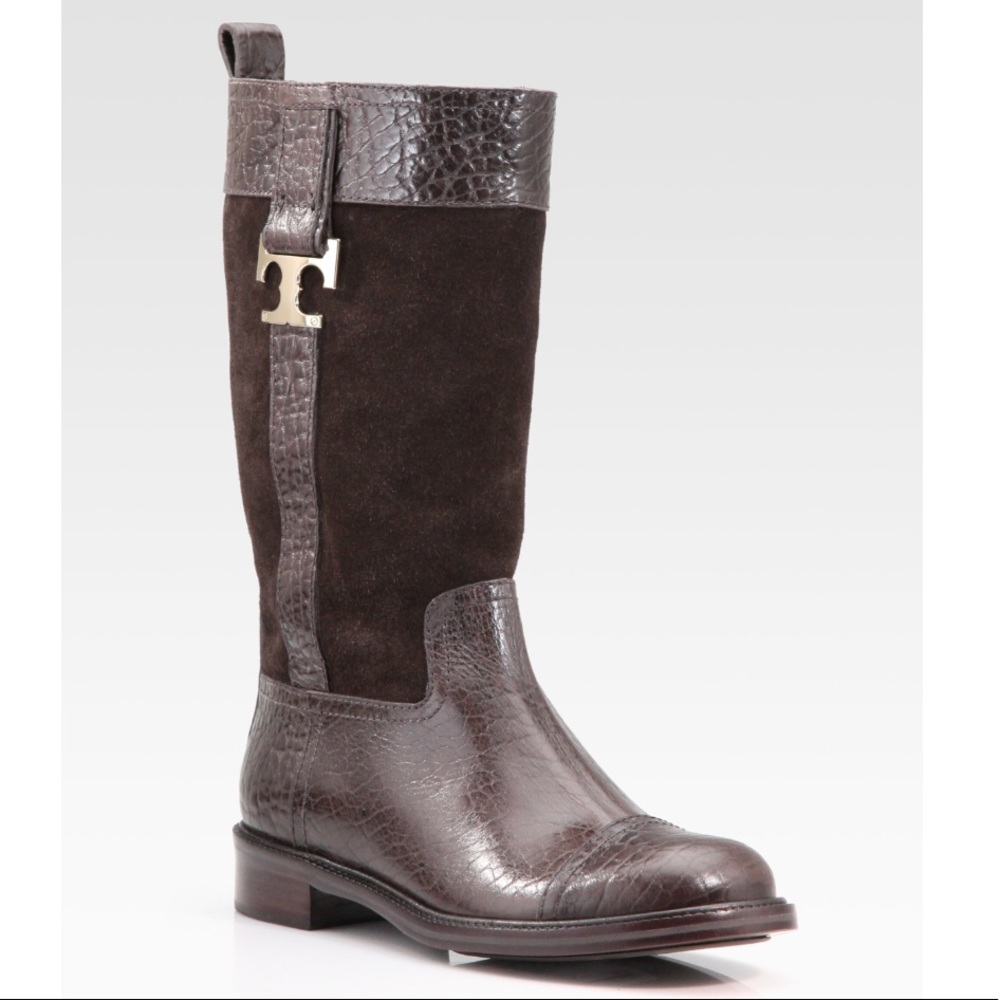 Tory Burch Corey Leather Mid Calf Dark Brown Boots